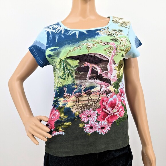 Vintage 90s y2k Take Two Ringer Tee Floral Tropical Falmingo Sequins Size S - Picture 1 of 10
